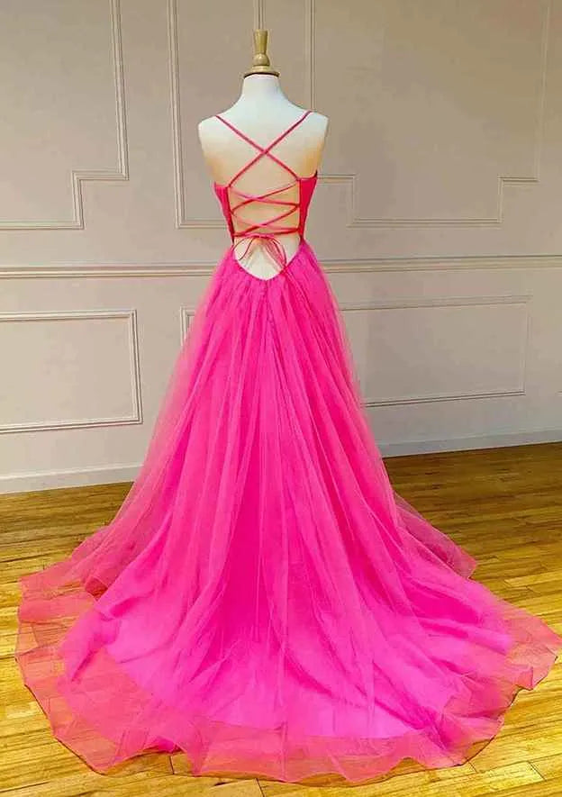 V Neck Spaghetti Straps Sweep Train Prom Dress With Pleated