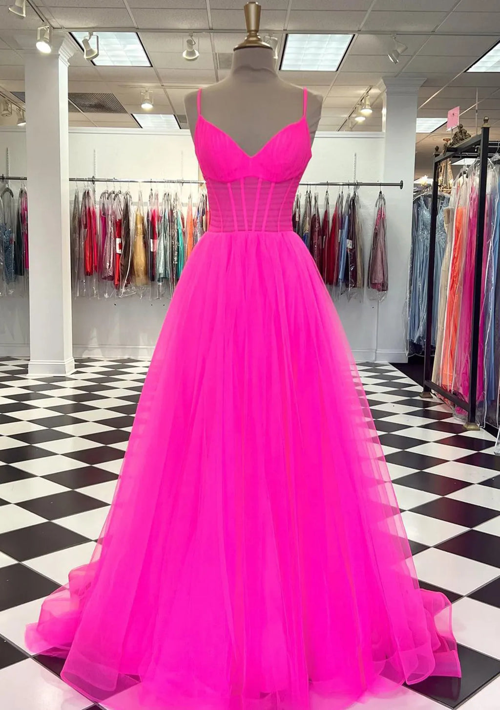 V Neck Spaghetti Straps Sweep Train Prom Dress With Pleated