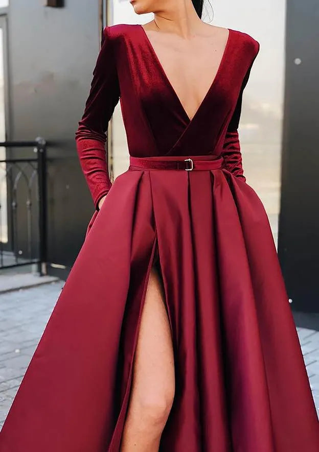 V Neck Strapless Long/Floor-Length Prom Dress With Waistband Split