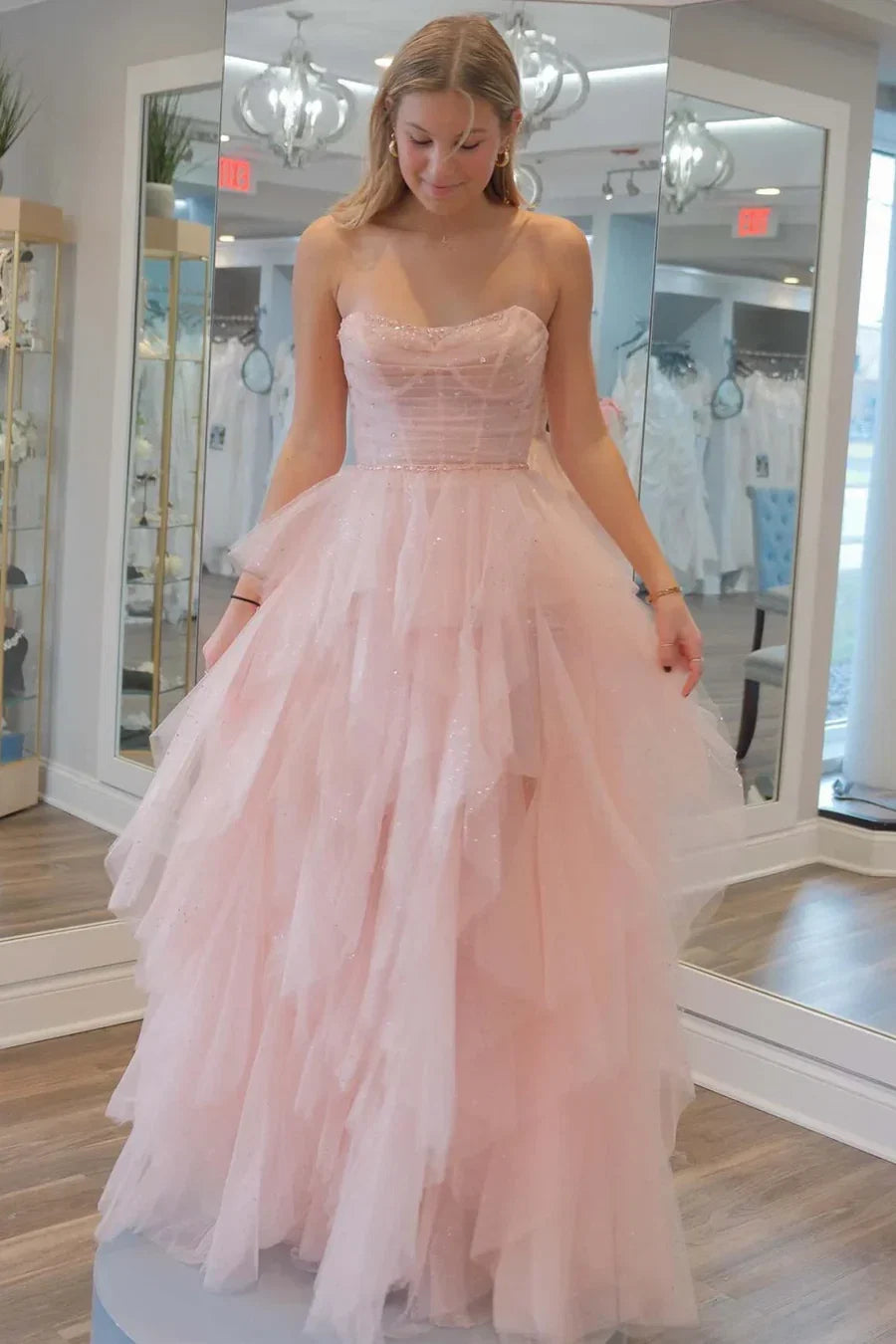 Pink Strapless Ruffled Floor-Length Party Dress