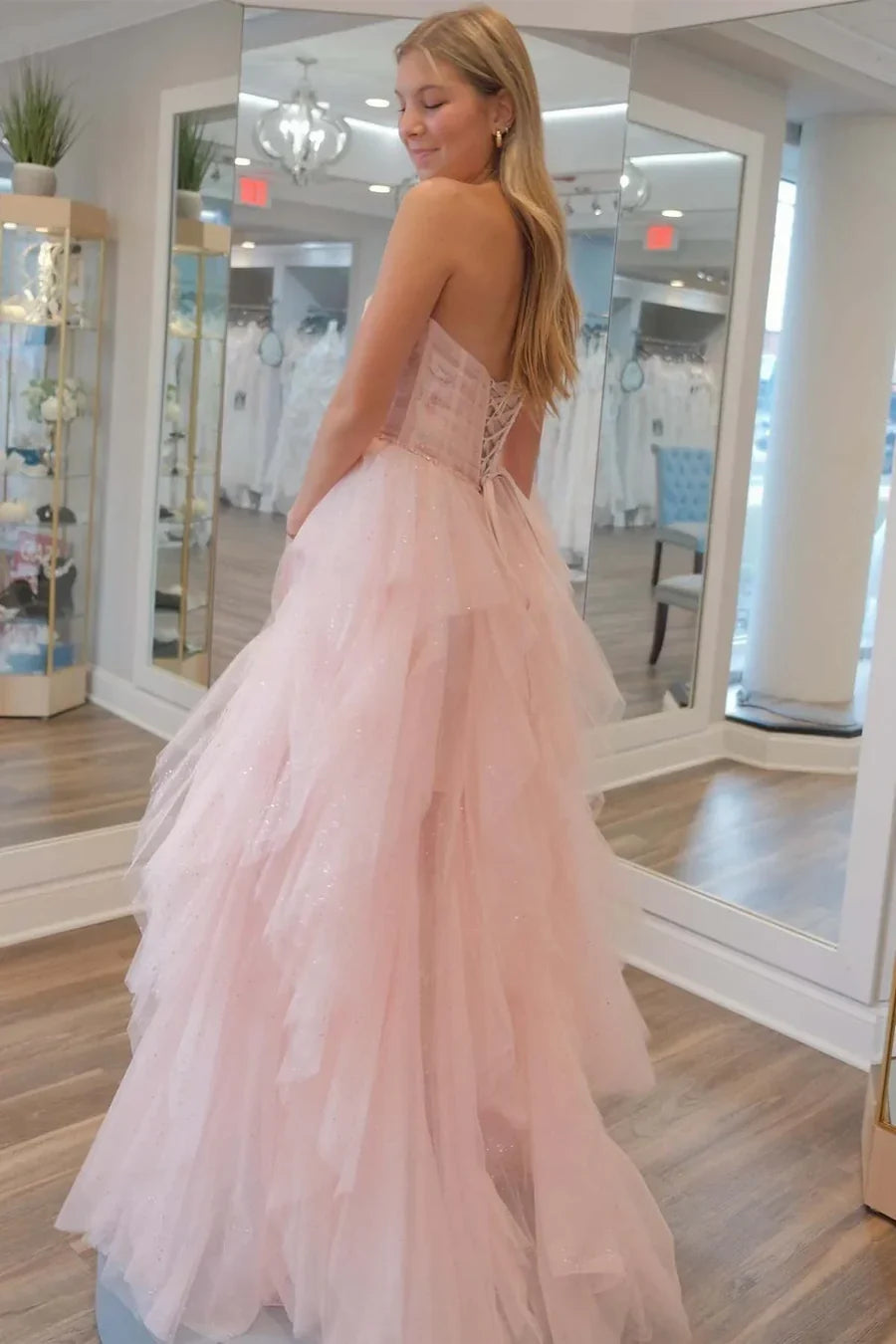 Pink Strapless Ruffled Floor-Length Party Dress