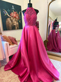 A Line Halter Floral Backless Fuchsia Floor Length Prom Dress