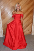 Red A Line Off-Shoulder Beaded Sequins Pleated Long Prom Dress