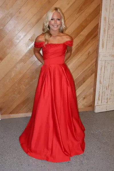 Red A Line Off-Shoulder Beaded Sequins Pleated Long Prom Dress