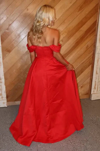 Red A Line Off-Shoulder Beaded Sequins Pleated Long Prom Dress