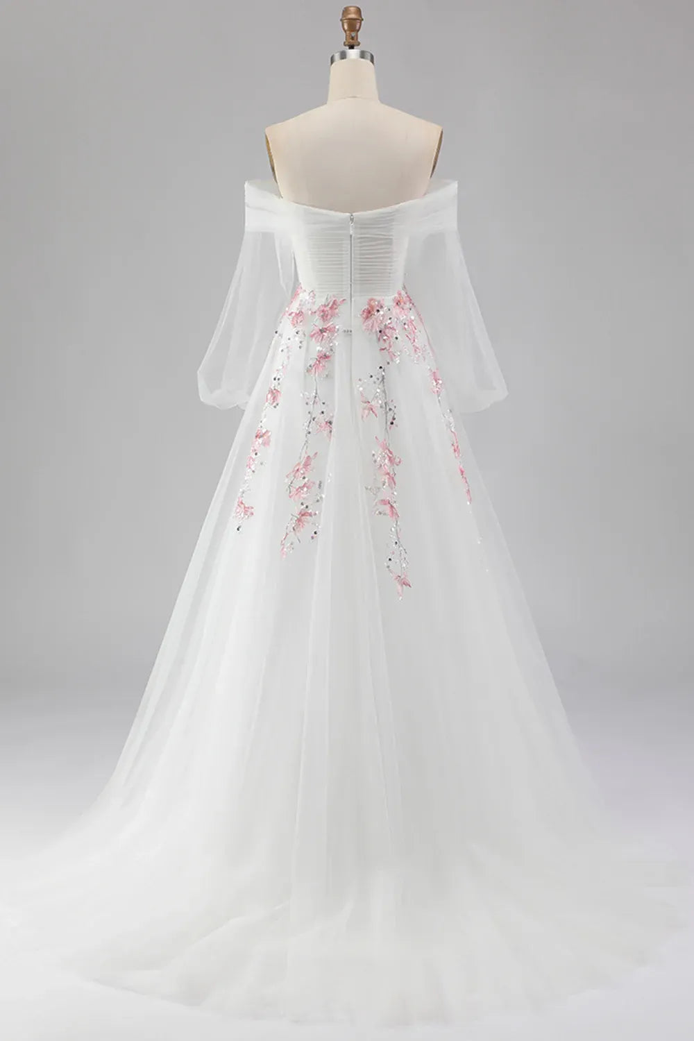 White A Line Off Shoulder Floral Sequins Maxi Prom Dress Hot Sale