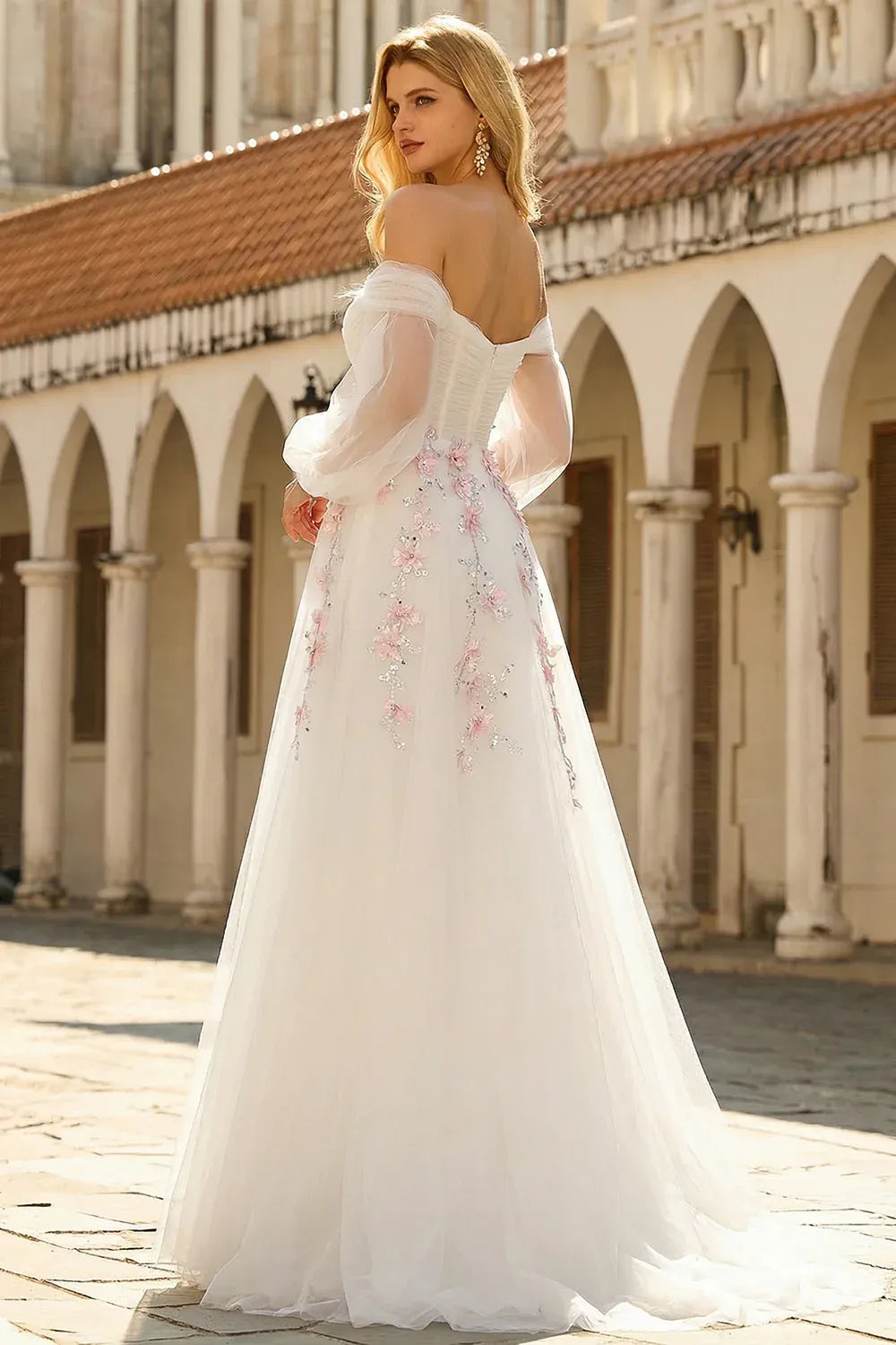 White A Line Off Shoulder Floral Sequins Maxi Prom Dress Hot Sale