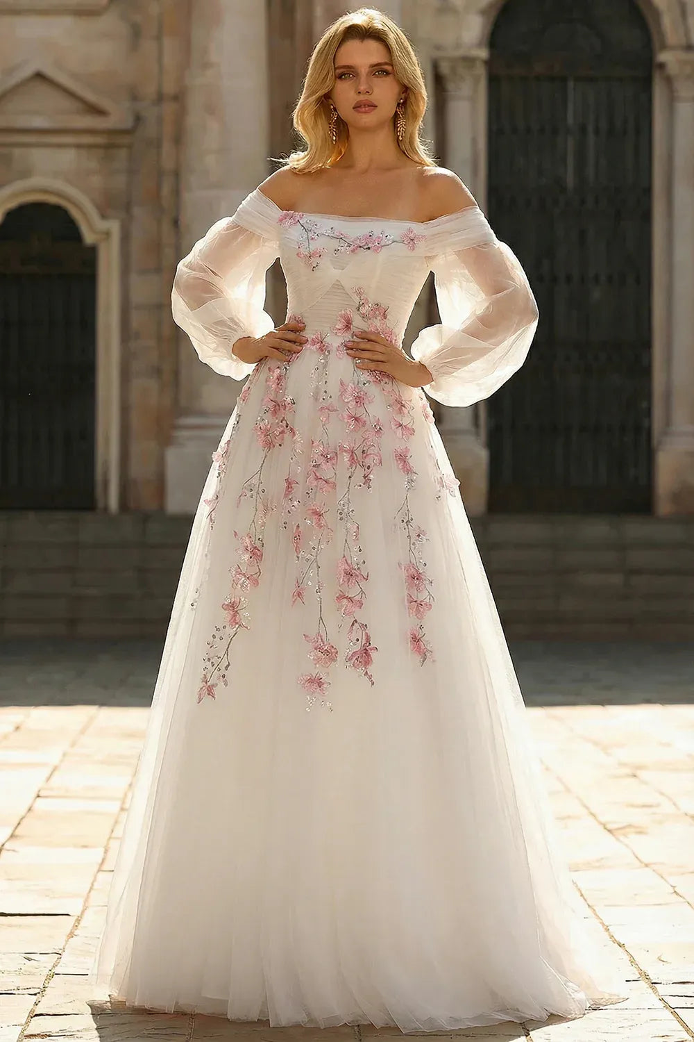 White A Line Off Shoulder Floral Sequins Maxi Prom Dress Hot Sale