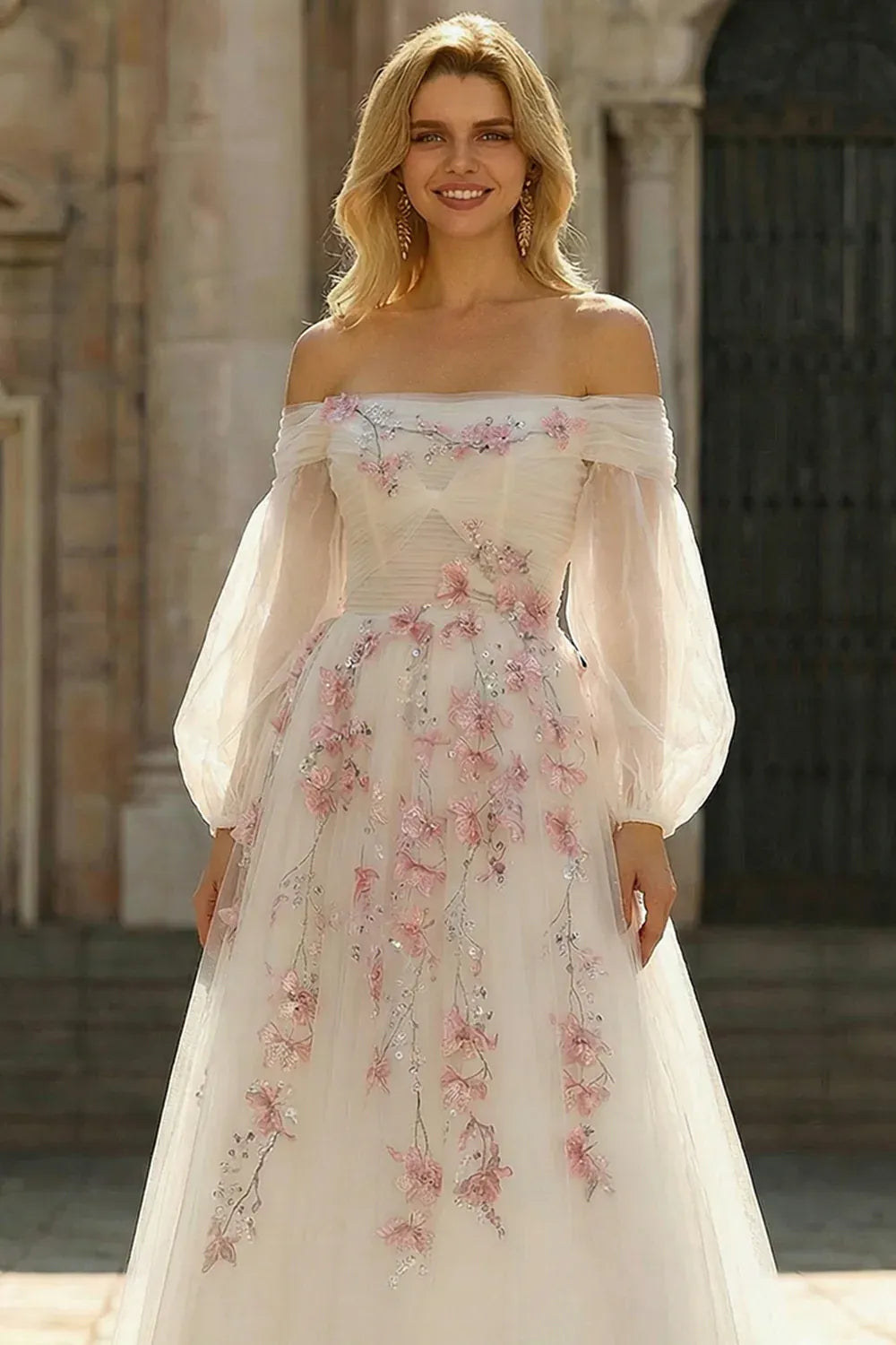 White A Line Off Shoulder Floral Sequins Maxi Prom Dress Hot Sale