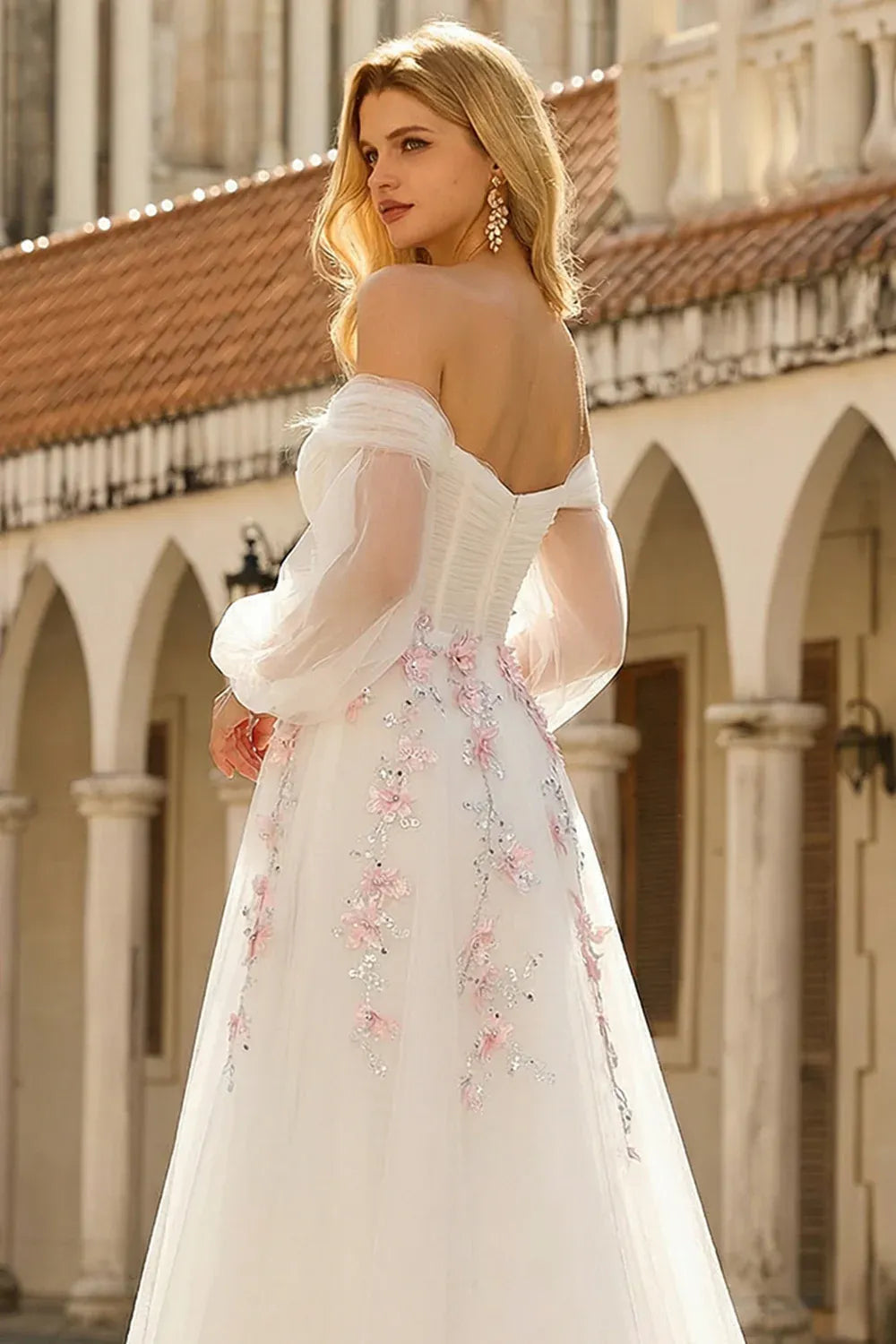 White A Line Off Shoulder Floral Sequins Maxi Prom Dress Hot Sale