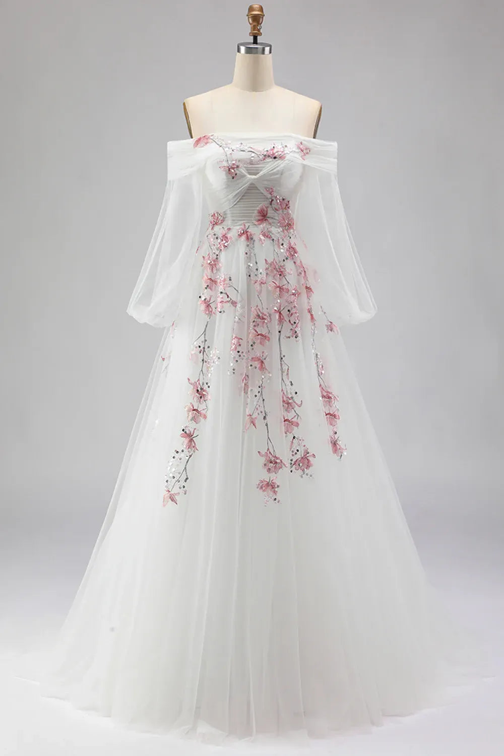 White A Line Off Shoulder Floral Sequins Maxi Prom Dress Hot Sale