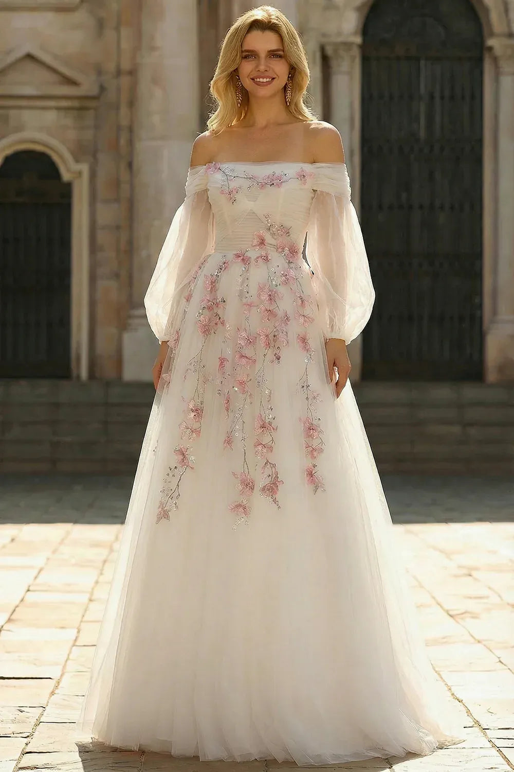 White A Line Off Shoulder Floral Sequins Maxi Prom Dress Hot Sale