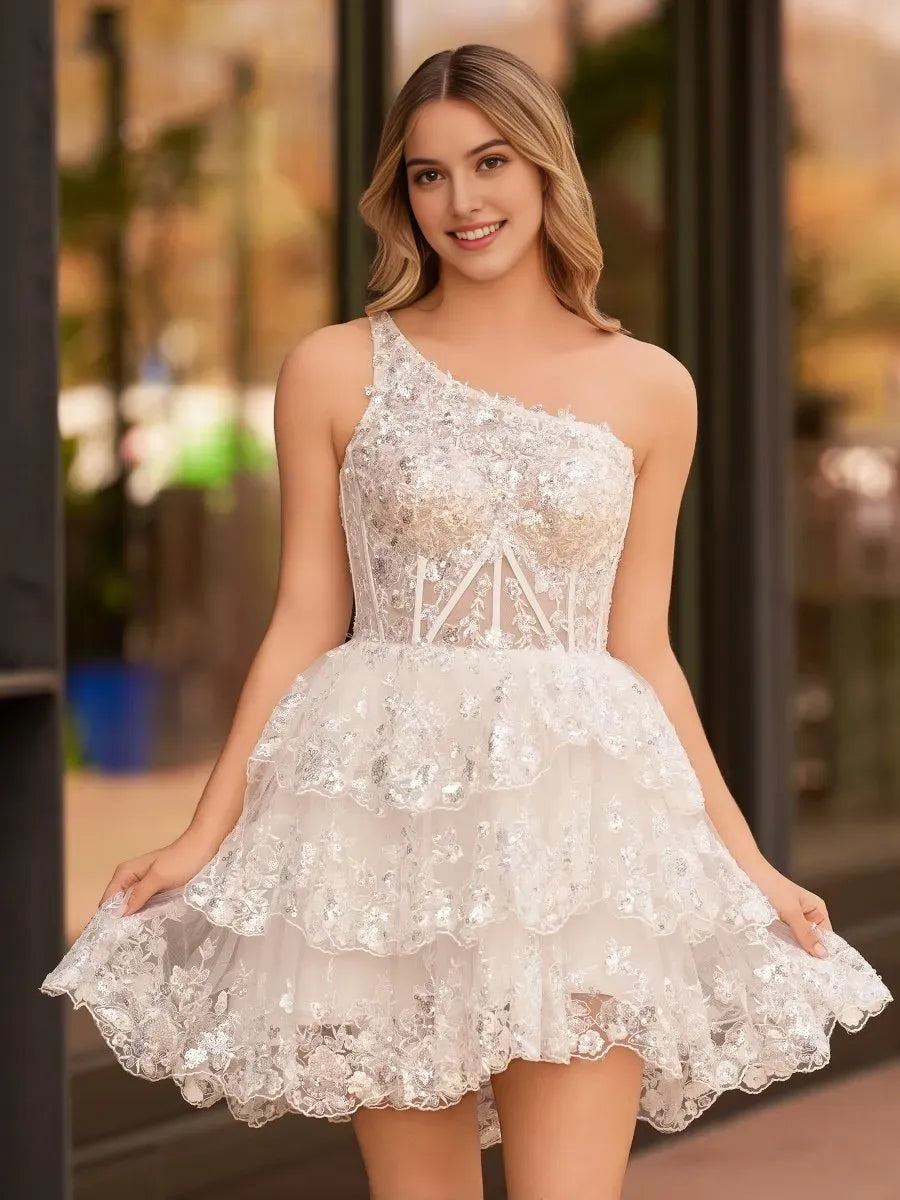 Navy A Line One Shoulder Tiered Short Homecoming Dress