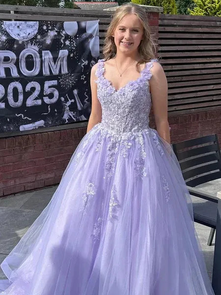 Lavender A Line Spaghetti Strap 3D Floral Long Prom Dress