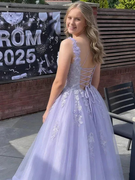 Lavender A Line Spaghetti Strap 3D Floral Long Prom Dress