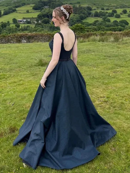 Navy Blue A Line Square Neck Beaded Glitter Long Prom Dress Hot Sale