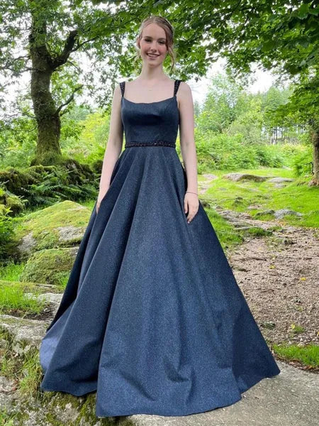 Navy Blue A Line Square Neck Beaded Glitter Long Prom Dress Hot Sale