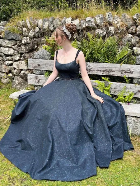 Navy Blue A Line Square Neck Beaded Glitter Long Prom Dress Hot Sale