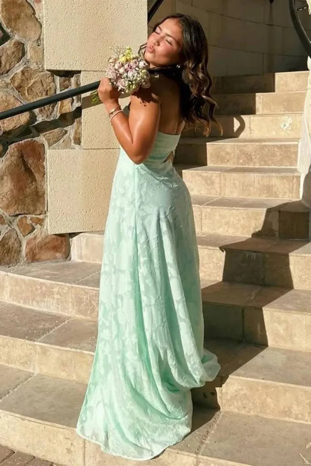 Green A Line Strapless Keyhole Back Mint Floor Length Prom Dress With Slit