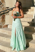 Green A Line Strapless Keyhole Back Mint Floor Length Prom Dress With Slit
