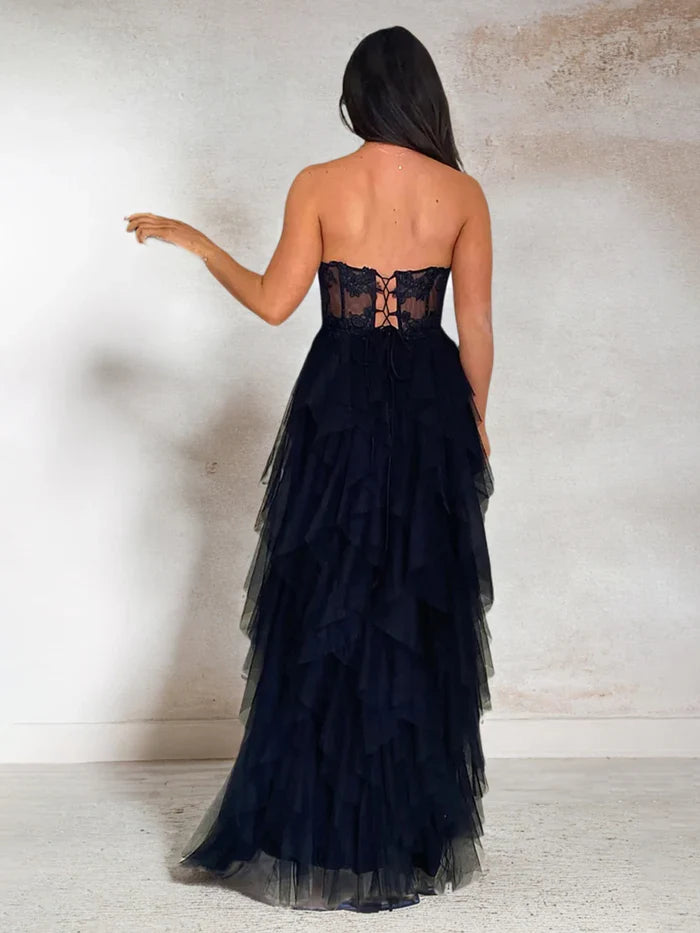 A Line Strapless Top Puffy Prom Dress With Slit