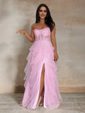 A Line Strapless Top Puffy Prom Dress With Slit