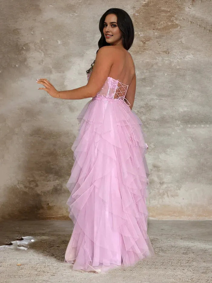 A Line Strapless Top Puffy Prom Dress With Slit