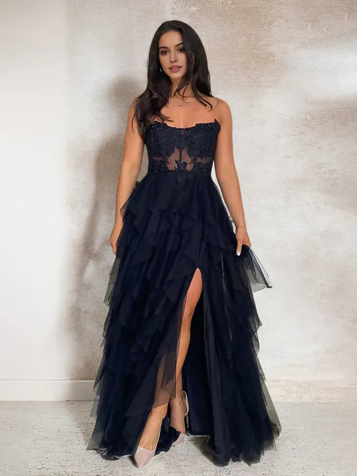 A Line Strapless Top Puffy Prom Dress With Slit