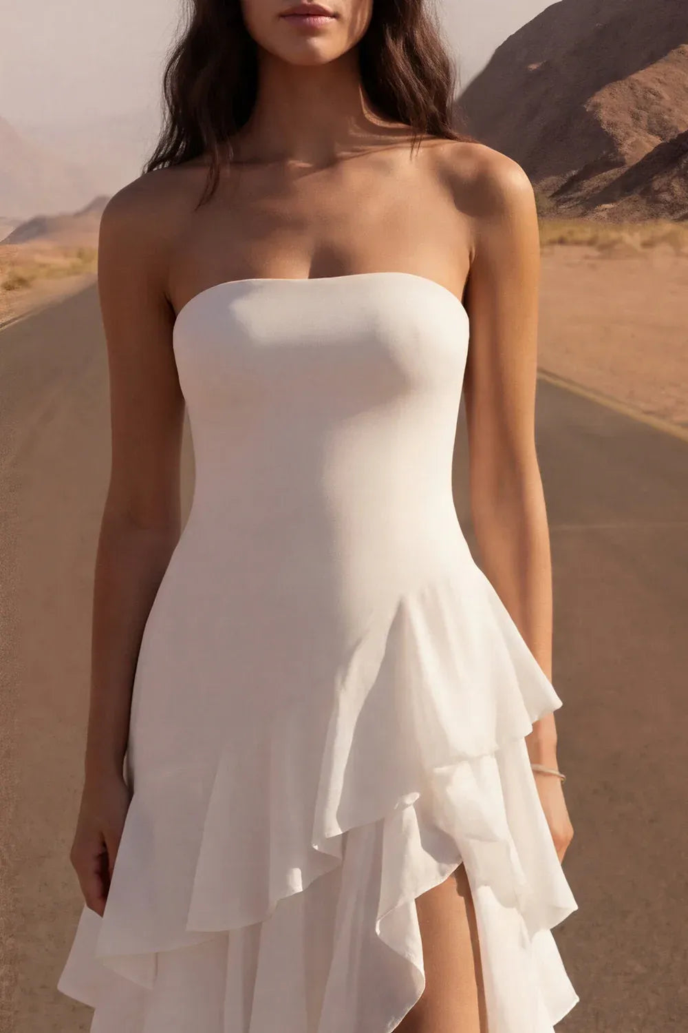 Ivory A Line Strapless Laye Ruffled Ivory Maxi Wedding Dress With Slit