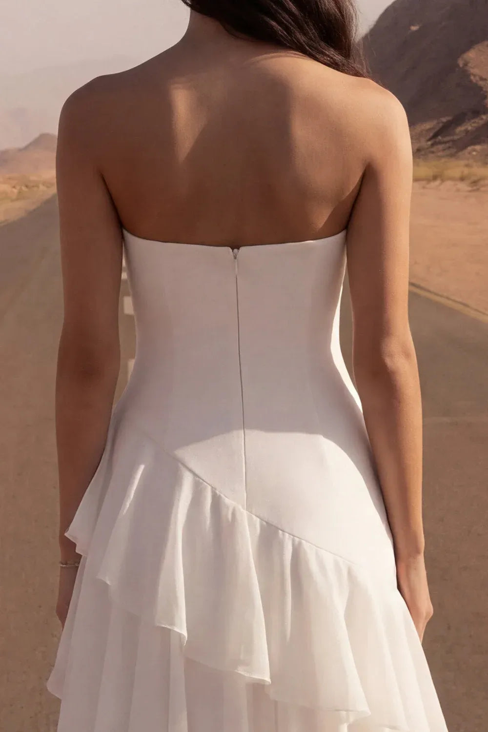 Ivory A Line Strapless Laye Ruffled Ivory Maxi Wedding Dress With Slit