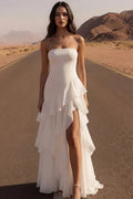 Ivory A Line Strapless Laye Ruffled Ivory Maxi Wedding Dress With Slit