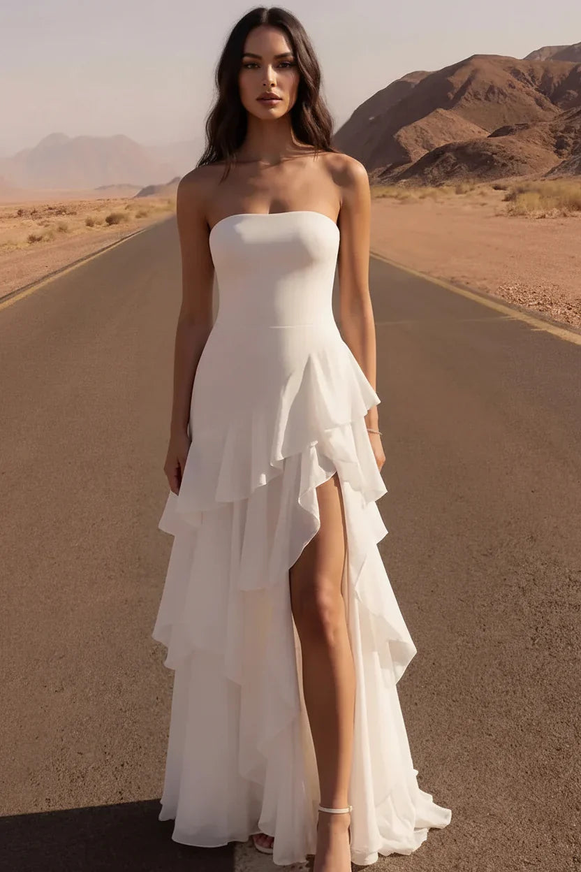 Ivory A Line Strapless Laye Ruffled Ivory Maxi Wedding Dress With Slit