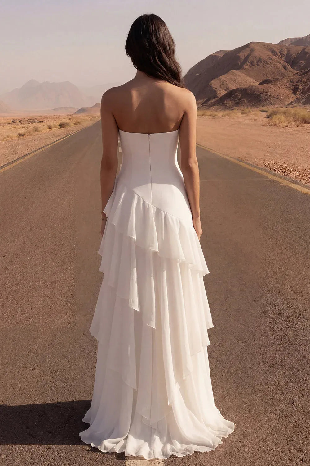 Ivory A Line Strapless Laye Ruffled Ivory Maxi Wedding Dress With Slit