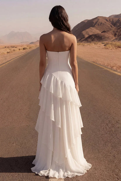 Chic White Ruffled A-Line Strapless Classic-Sleeve Classic-Back Floor-Length Wedding Dress