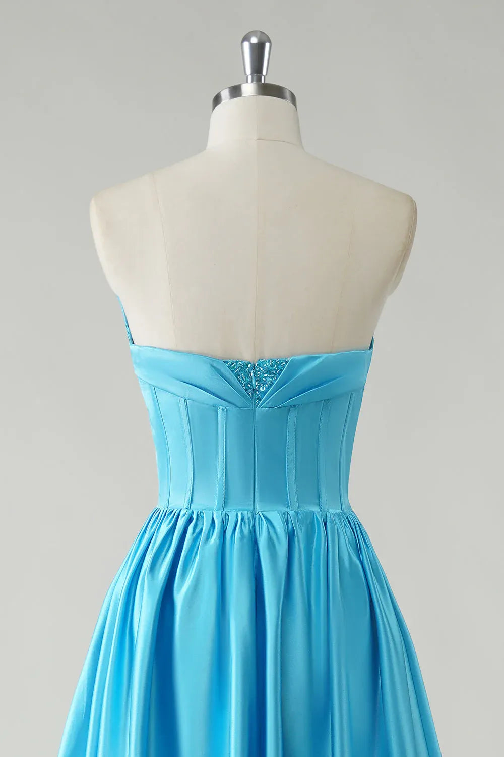 Blue A Line Sweetheart Corset Beaded Floor Length Prom Dress With Slit