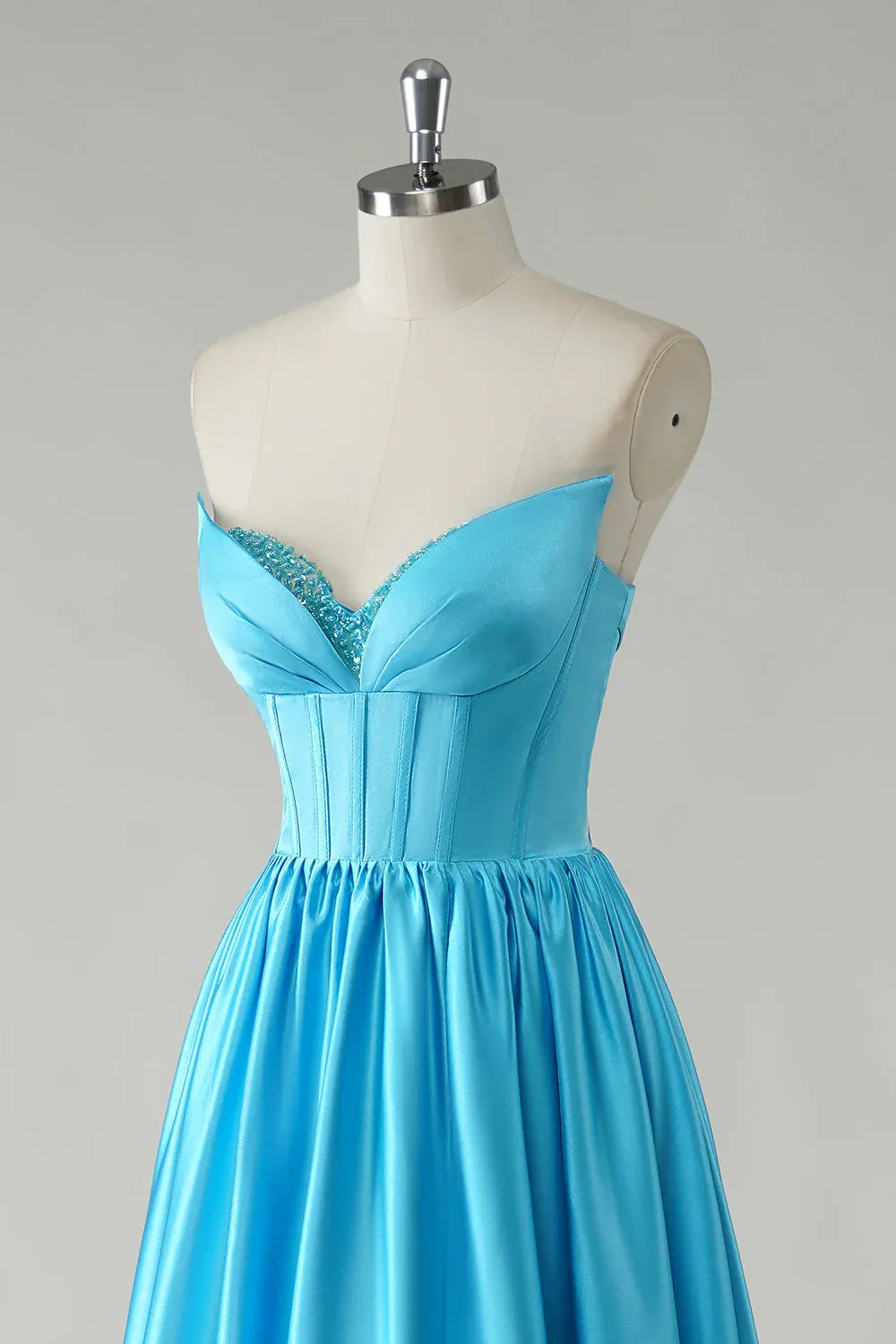 Blue A Line Sweetheart Corset Beaded Floor Length Prom Dress With Slit