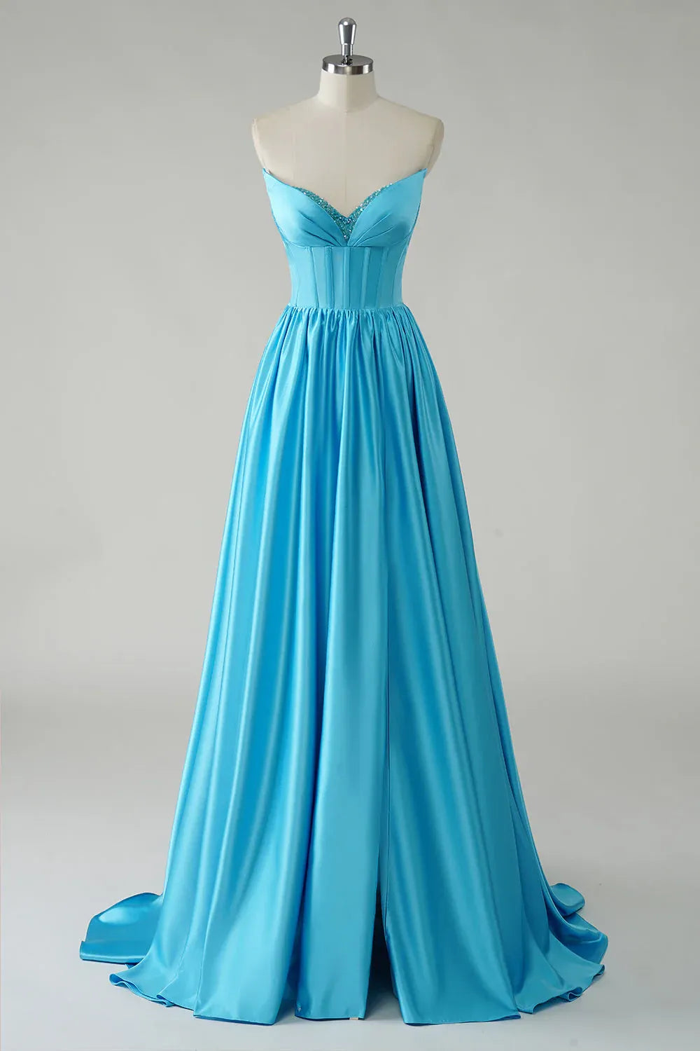 Blue A Line Sweetheart Corset Beaded Floor Length Prom Dress With Slit
