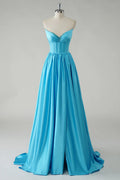 Blue A Line Sweetheart Corset Beaded Floor Length Prom Dress With Slit
