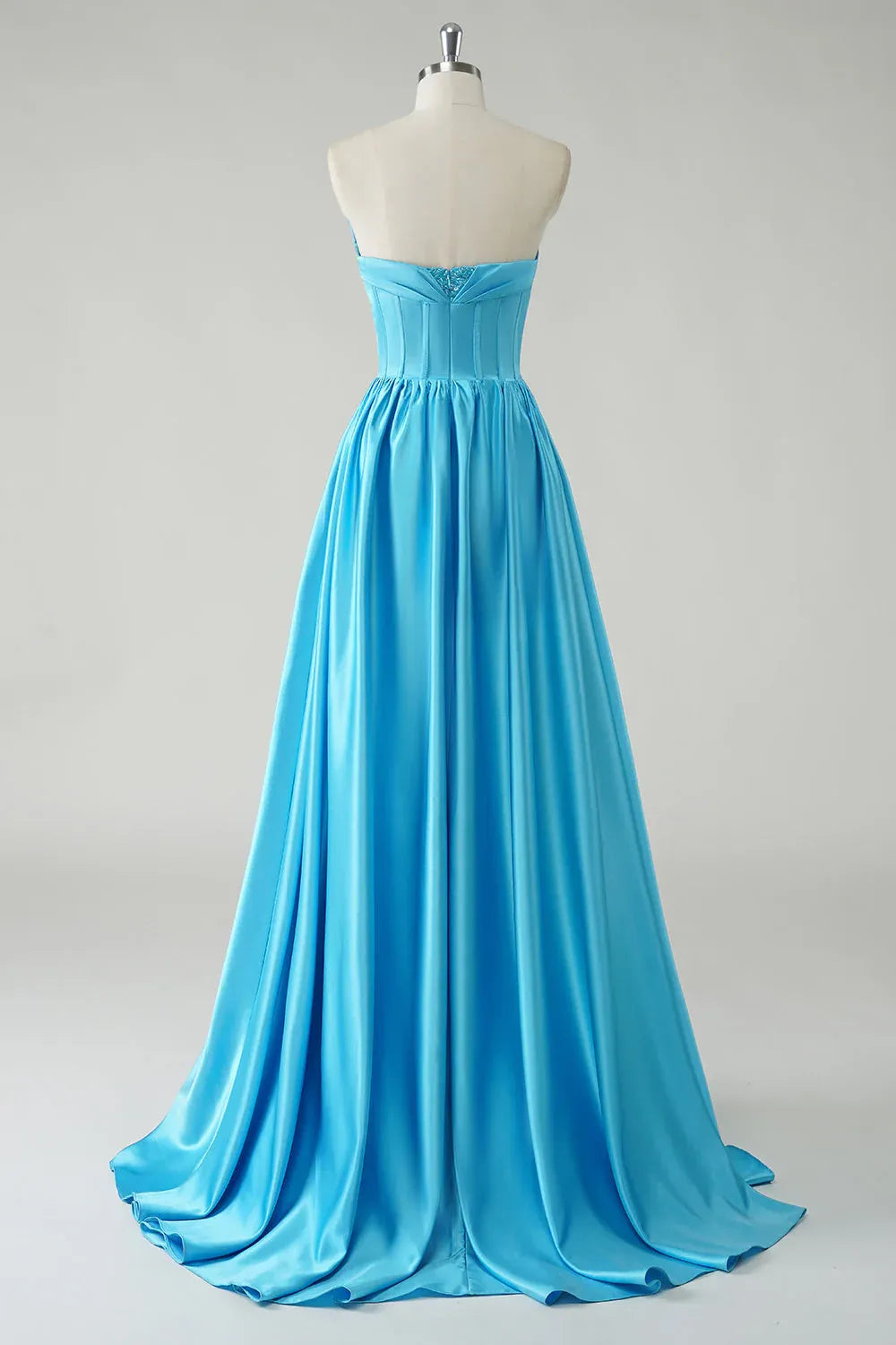 Blue A Line Sweetheart Corset Beaded Floor Length Prom Dress With Slit