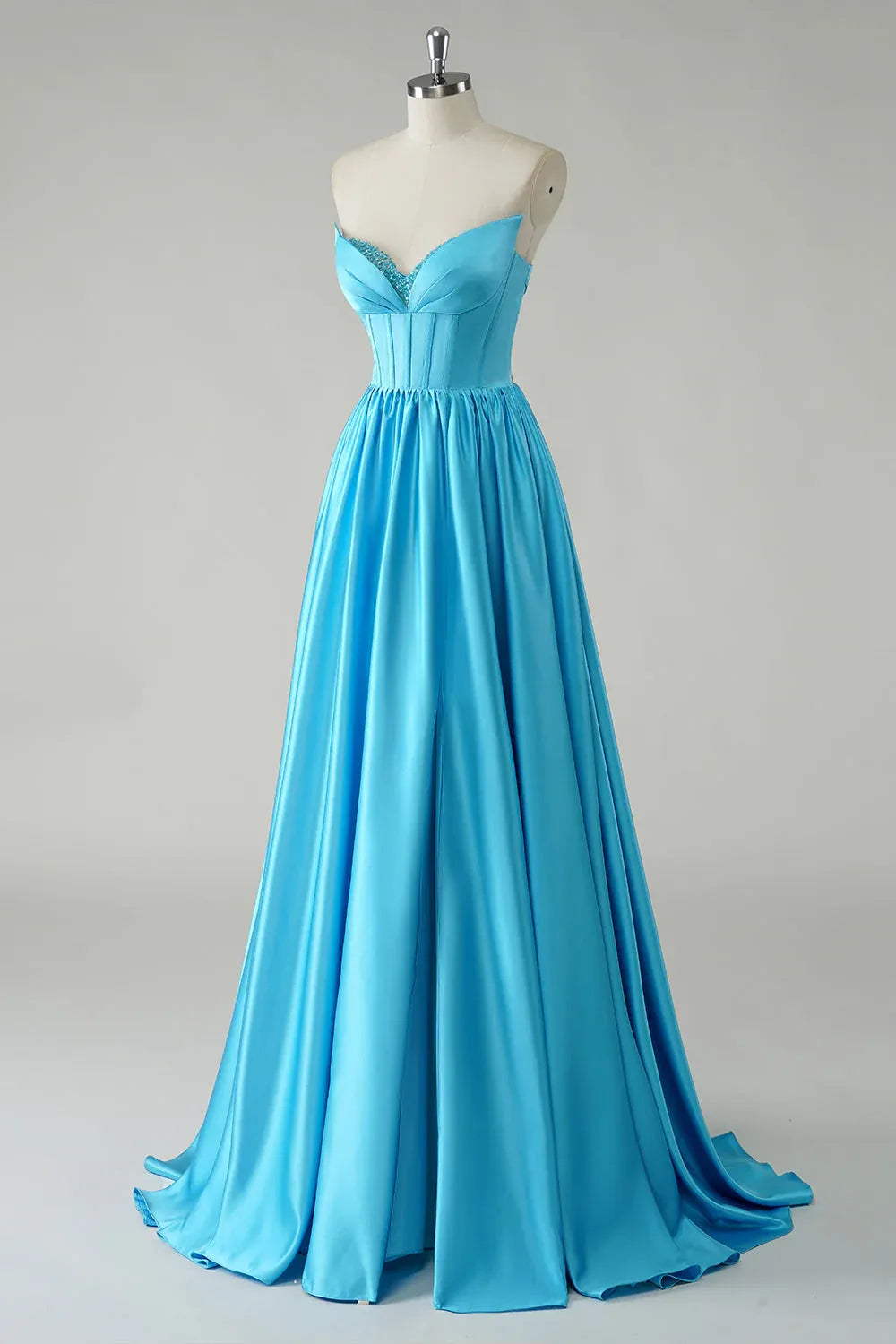 Blue A Line Sweetheart Corset Beaded Floor Length Prom Dress With Slit