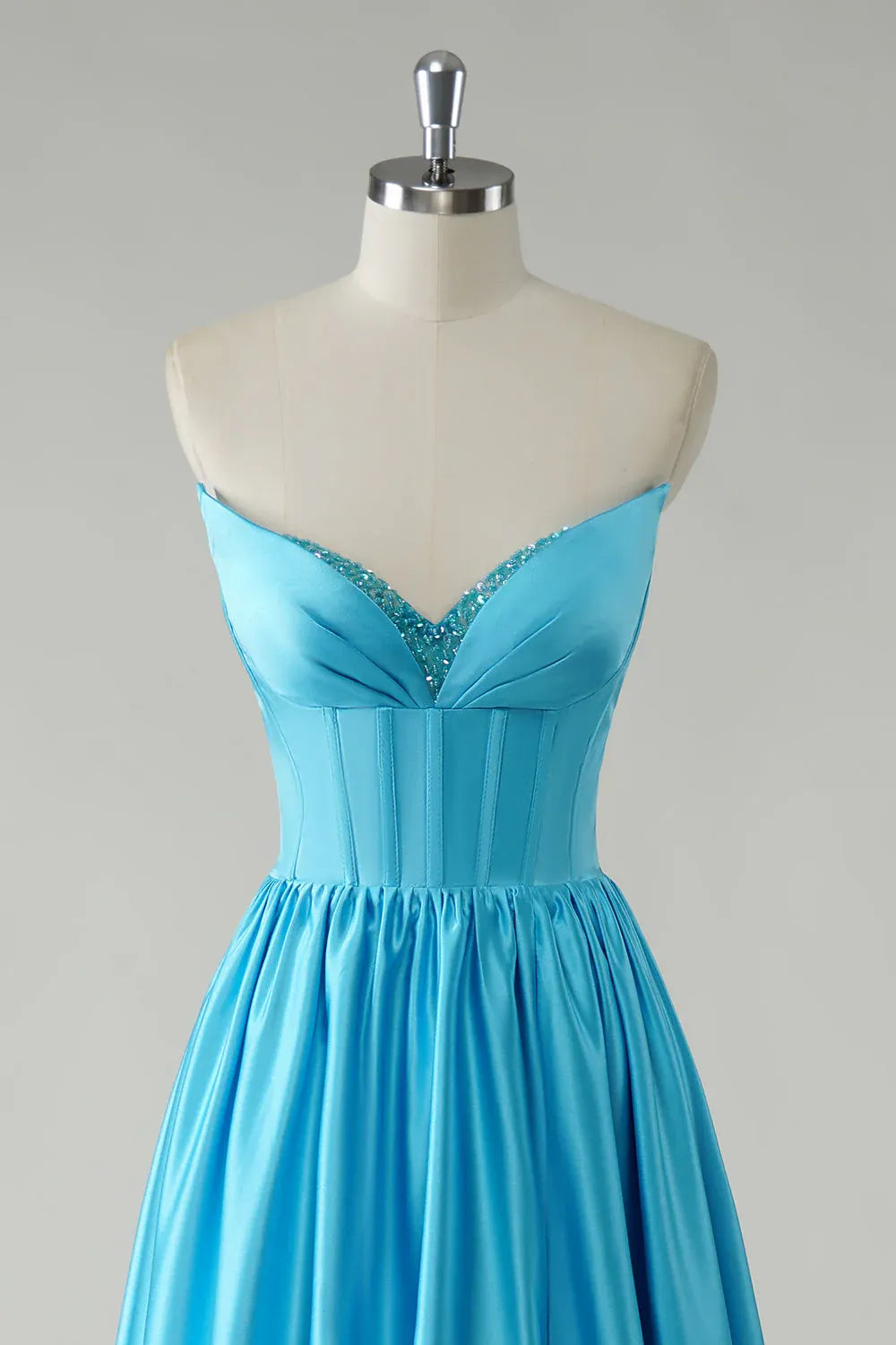 Blue A Line Sweetheart Corset Beaded Floor Length Prom Dress With Slit