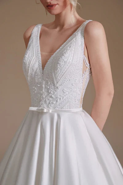 A Line V Neck Floor Length Wedding Dress