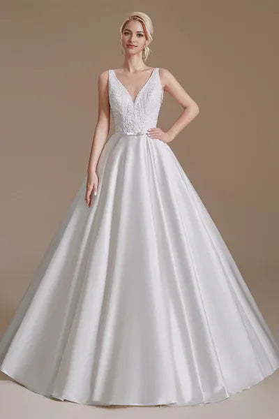 A Line V Neck Floor Length Wedding Dress