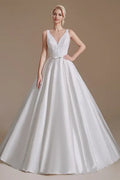 A Line V Neck Floor Length Wedding Dress