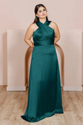 Timeless Chic Elegant Emerald Green Satin A-Line Halter Sleeveless Floor-Length Prom Dress