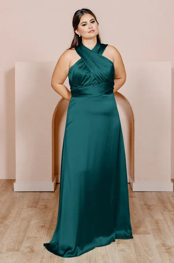 Timeless Chic Elegant Emerald Green Satin A-Line Halter Sleeveless Floor-Length Prom Dress