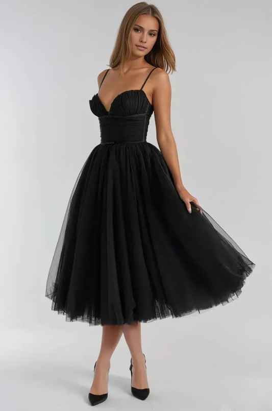 Beautiful Timeless Special Occasion Elegant Black Tulle A-Line Sleeveless Tea-Length Prom Dress