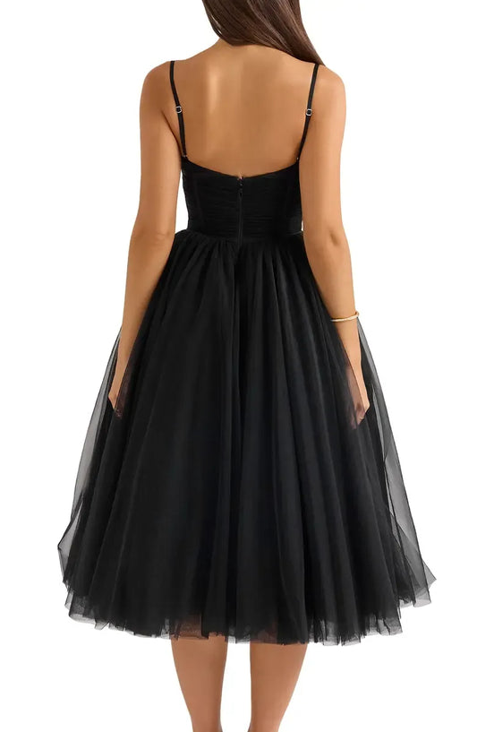 Beautiful Timeless Special Occasion Elegant Black Tulle A-Line Sleeveless Tea-Length Prom Dress