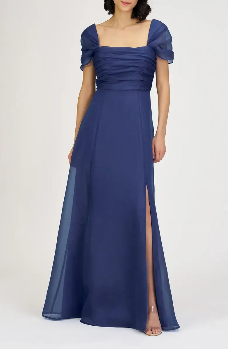 Refined Beautiful Timeless Elegant Navy Blue A-Line Square Neck Floor-Length Prom Dress
