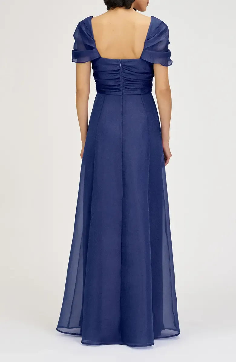 Refined Beautiful Timeless Elegant Navy Blue A-Line Square Neck Floor-Length Prom Dress